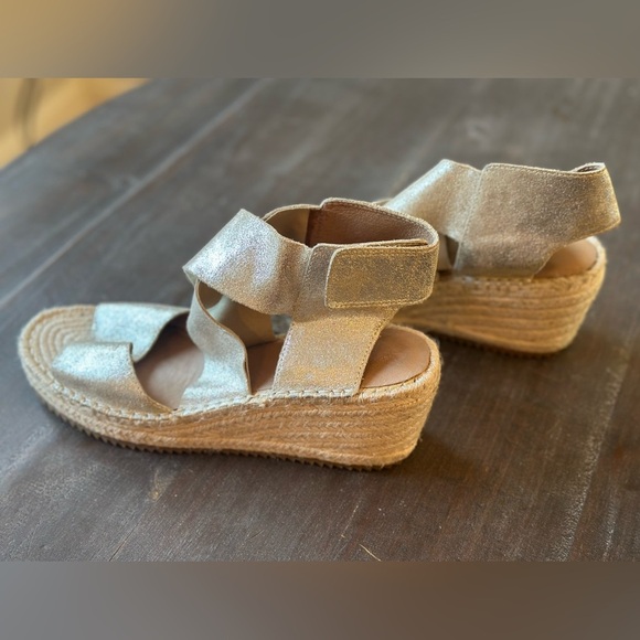 NEW Eileen Fisher Willow Wedge Espadrille Women 9 Platinum Glitter Suede Leather - Picture 5 of 7